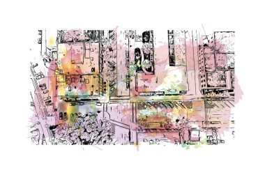 Print Building view with landmark of Grand Forks, Kuzey Dakota 'da bir şehirdir. Vektörde elle çizilmiş resim ile suluboya sıçraması.