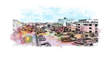 Print Building view with landmark of Grand Forks, Kuzey Dakota 'da bir şehirdir. Vektörde elle çizilmiş resim ile suluboya sıçraması.