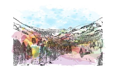 Print Building view with landmark of Hinterglemm is the icipding of Austria. Vektörde elle çizilmiş resim ile suluboya sıçraması.