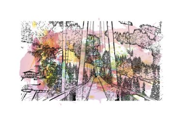 Print Building view with landmark of Hinterglemm is the icipding of Austria. Vektörde elle çizilmiş resim ile suluboya sıçraması.