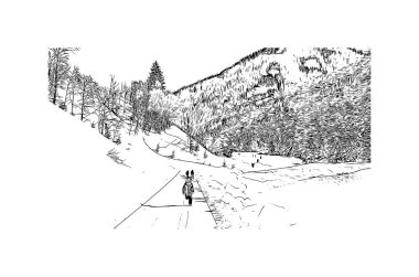 Print Building view with landmark of Hinterglemm is the icipding of Austria. Vektörde elle çizilmiş çizim çizimi.