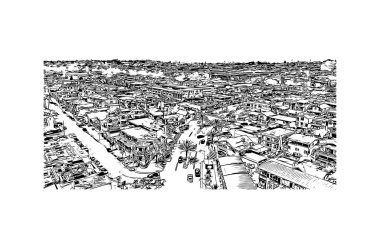 Hermosa 'nın simgesi olan Print Building View Kaliforniya' da yer almaktadır. Vektörde elle çizilmiş çizim çizimi.
