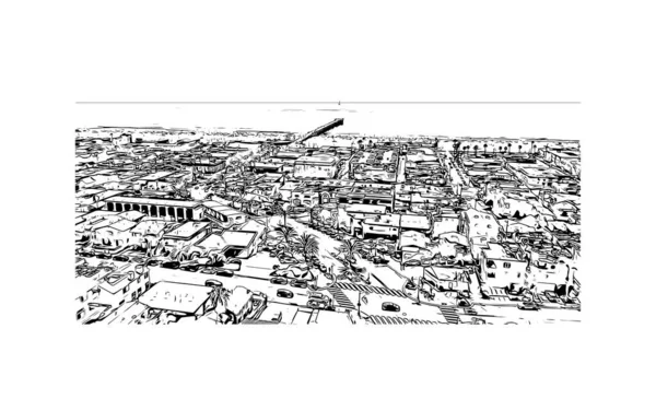 带有赫莫萨地标的印刷建筑景观是加州的一个城市 矢量手绘草图 — 图库矢量图片
