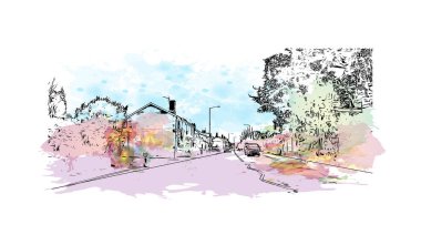 Print Building view of Herefordshire, İngiltere 'nin Batı Midlands eyaletinde yer alan bir şehirdir. Vektörde elle çizilmiş resim ile suluboya sıçraması.