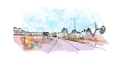 Print Building view of Herefordshire, İngiltere 'nin Batı Midlands eyaletinde yer alan bir şehirdir. Vektörde elle çizilmiş resim ile suluboya sıçraması.