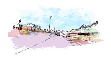 Print Building view of Herefordshire, İngiltere 'nin Batı Midlands eyaletinde yer alan bir şehirdir. Vektörde elle çizilmiş resim ile suluboya sıçraması.