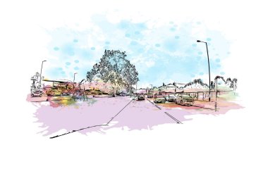 Print Building view of Herefordshire, İngiltere 'nin Batı Midlands eyaletinde yer alan bir şehirdir. Vektörde elle çizilmiş resim ile suluboya sıçraması.