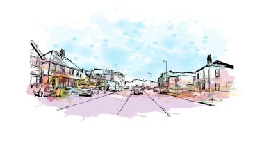 Print Building view of Herefordshire, İngiltere 'nin Batı Midlands eyaletinde yer alan bir şehirdir. Vektörde elle çizilmiş resim ile suluboya sıçraması.