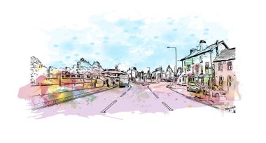 Print Building view of Herefordshire, İngiltere 'nin Batı Midlands eyaletinde yer alan bir şehirdir. Vektörde elle çizilmiş resim ile suluboya sıçraması.