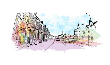 Print Building view of Herefordshire, İngiltere 'nin Batı Midlands eyaletinde yer alan bir şehirdir. Vektörde elle çizilmiş resim ile suluboya sıçraması.