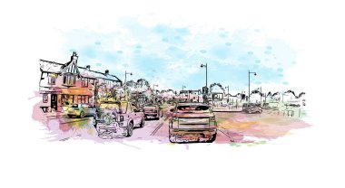 Print Building view of Herefordshire, İngiltere 'nin Batı Midlands eyaletinde yer alan bir şehirdir. Vektörde elle çizilmiş resim ile suluboya sıçraması.