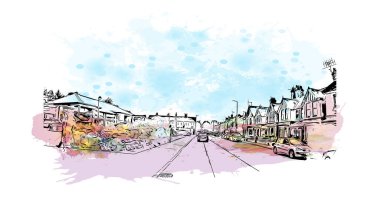 Print Building view of Herefordshire, İngiltere 'nin Batı Midlands eyaletinde yer alan bir şehirdir. Vektörde elle çizilmiş resim ile suluboya sıçraması.