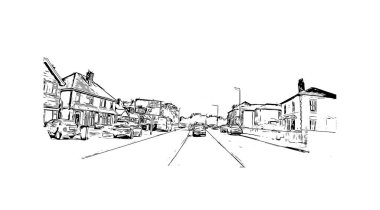 Print Building view of Herefordshire, İngiltere 'nin Batı Midlands eyaletinde yer alan bir şehirdir. Vektörde elle çizilmiş çizim çizimi.