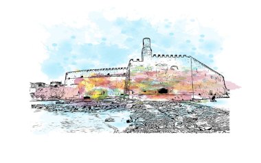 Heraklion 'un simgesi olan Print Building manzarası Yunanistan' ın kentidir. Vektörde elle çizilmiş resim ile suluboya sıçraması.