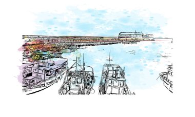 Heraklion 'un simgesi olan Print Building manzarası Yunanistan' ın kentidir. Vektörde elle çizilmiş resim ile suluboya sıçraması.