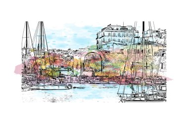 Heraklion 'un simgesi olan Print Building manzarası Yunanistan' ın kentidir. Vektörde elle çizilmiş resim ile suluboya sıçraması.