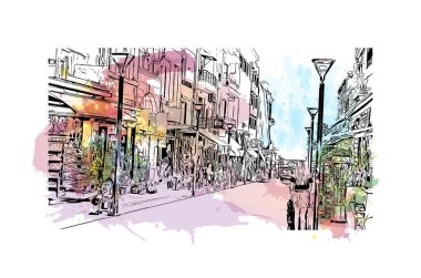 Heraklion 'un simgesi olan Print Building manzarası Yunanistan' ın kentidir. Vektörde elle çizilmiş resim ile suluboya sıçraması.