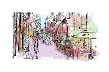 Heraklion 'un simgesi olan Print Building manzarası Yunanistan' ın kentidir. Vektörde elle çizilmiş resim ile suluboya sıçraması.