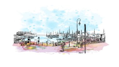 Heraklion 'un simgesi olan Print Building manzarası Yunanistan' ın kentidir. Vektörde elle çizilmiş resim ile suluboya sıçraması.