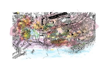 Karadağ 'da Herceg Novi' nin tarihi yapısına sahip Print Building manzarası yer alıyor. Vektörde elle çizilmiş resim ile suluboya sıçraması.