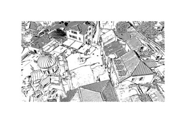 Karadağ 'da Herceg Novi' nin tarihi yapısına sahip Print Building manzarası yer alıyor. Vektörde elle çizilmiş çizim çizimi.