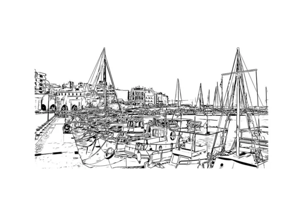 Print  Building view with landmark of Heraklion is the city in Greece. Hand drawn sketch illustration in vector.