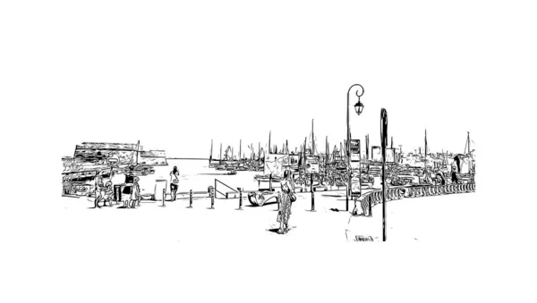 Print Building View Landmark Heraklion City Greece Hand Drawn Sketch — Stock Vector