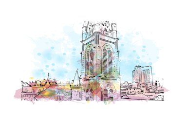 Vietnam 'daki Ho Chi Minh şehrinin simgesi olan matbaa manzarası. Vektörde elle çizilmiş resim ile suluboya sıçraması.