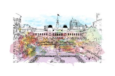 Vietnam 'daki Ho Chi Minh şehrinin simgesi olan matbaa manzarası. Vektörde elle çizilmiş resim ile suluboya sıçraması.