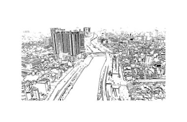 Vietnam 'daki Ho Chi Minh şehrinin simgesi olan matbaa manzarası. Vektörde elle çizilmiş çizim çizimi.