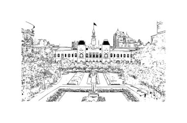 Vietnam 'daki Ho Chi Minh şehrinin simgesi olan matbaa manzarası. Vektörde elle çizilmiş çizim çizimi.