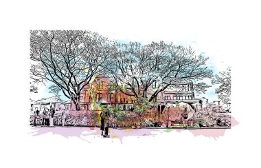 Japonya 'da Hiroşima' nın dönüm noktası olan Print Building View. Vektörde elle çizilmiş resim ile suluboya sıçraması.