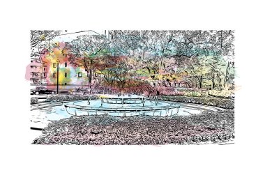 Japonya 'da Hiroşima' nın dönüm noktası olan Print Building View. Vektörde elle çizilmiş resim ile suluboya sıçraması.