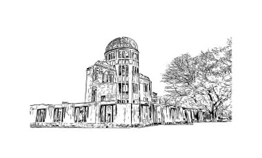 Japonya 'da Hiroşima' nın dönüm noktası olan Print Building View. Vektörde elle çizilmiş çizim çizimi.