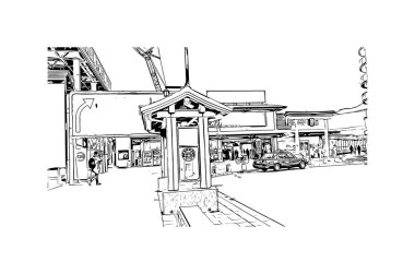 Japonya 'da Hiroşima' nın dönüm noktası olan Print Building View. Vektörde elle çizilmiş çizim çizimi.