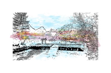 Print Building view with landmark of Hinterstoder, Avusturya 'nın başkentidir. Vektörde elle çizilmiş resim ile suluboya sıçraması.