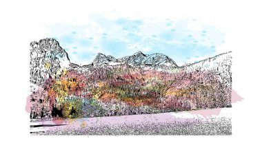 Print Building view with landmark of Hinterstoder, Avusturya 'nın başkentidir. Vektörde elle çizilmiş resim ile suluboya sıçraması.