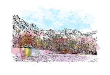 Print Building view with landmark of Hinterstoder, Avusturya 'nın başkentidir. Vektörde elle çizilmiş resim ile suluboya sıçraması.