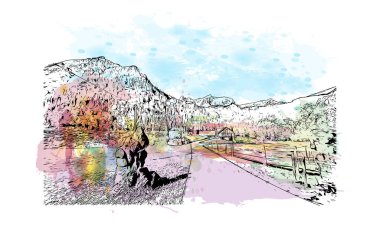 Print Building view with landmark of Hinterstoder, Avusturya 'nın başkentidir. Vektörde elle çizilmiş resim ile suluboya sıçraması.