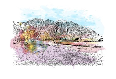 Print Building view with landmark of Hinterstoder, Avusturya 'nın başkentidir. Vektörde elle çizilmiş resim ile suluboya sıçraması.