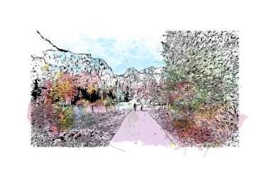 Print Building view with landmark of Hinterstoder, Avusturya 'nın başkentidir. Vektörde elle çizilmiş resim ile suluboya sıçraması.