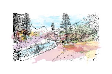 Print Building view with landmark of Hinterstoder, Avusturya 'nın başkentidir. Vektörde elle çizilmiş resim ile suluboya sıçraması.