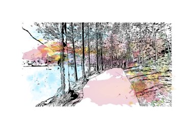 Print Building view with landmark of Hinterstoder, Avusturya 'nın başkentidir. Vektörde elle çizilmiş resim ile suluboya sıçraması.