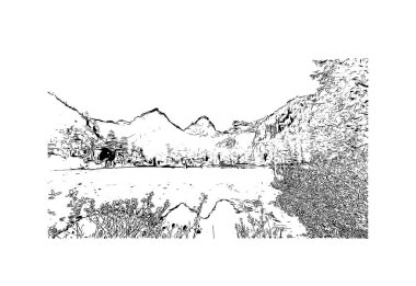 Print Building view with landmark of Hinterstoder, Avusturya 'nın başkentidir. Vektörde elle çizilmiş çizim çizimi.