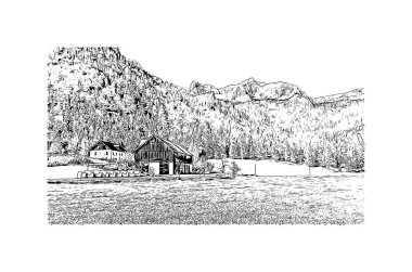 Print Building view with landmark of Hinterstoder, Avusturya 'nın başkentidir. Vektörde elle çizilmiş çizim çizimi.