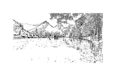 Print Building view with landmark of Hinterstoder, Avusturya 'nın başkentidir. Vektörde elle çizilmiş çizim çizimi.