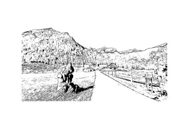 Print Building view with landmark of Hinterstoder, Avusturya 'nın başkentidir. Vektörde elle çizilmiş çizim çizimi.