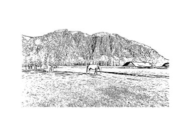 Print Building view with landmark of Hinterstoder, Avusturya 'nın başkentidir. Vektörde elle çizilmiş çizim çizimi.