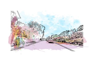 Print Building view with landmark of Hobart is the city of Australia. Vektörde elle çizilmiş resim ile suluboya sıçraması.