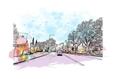 Print Building view with landmark of Hobart is the city of Australia. Vektörde elle çizilmiş resim ile suluboya sıçraması.